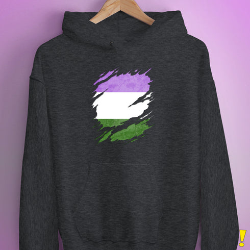 Genderqueer Pride Flag Ripped Reveal Hoodie - Dark Grey Heather